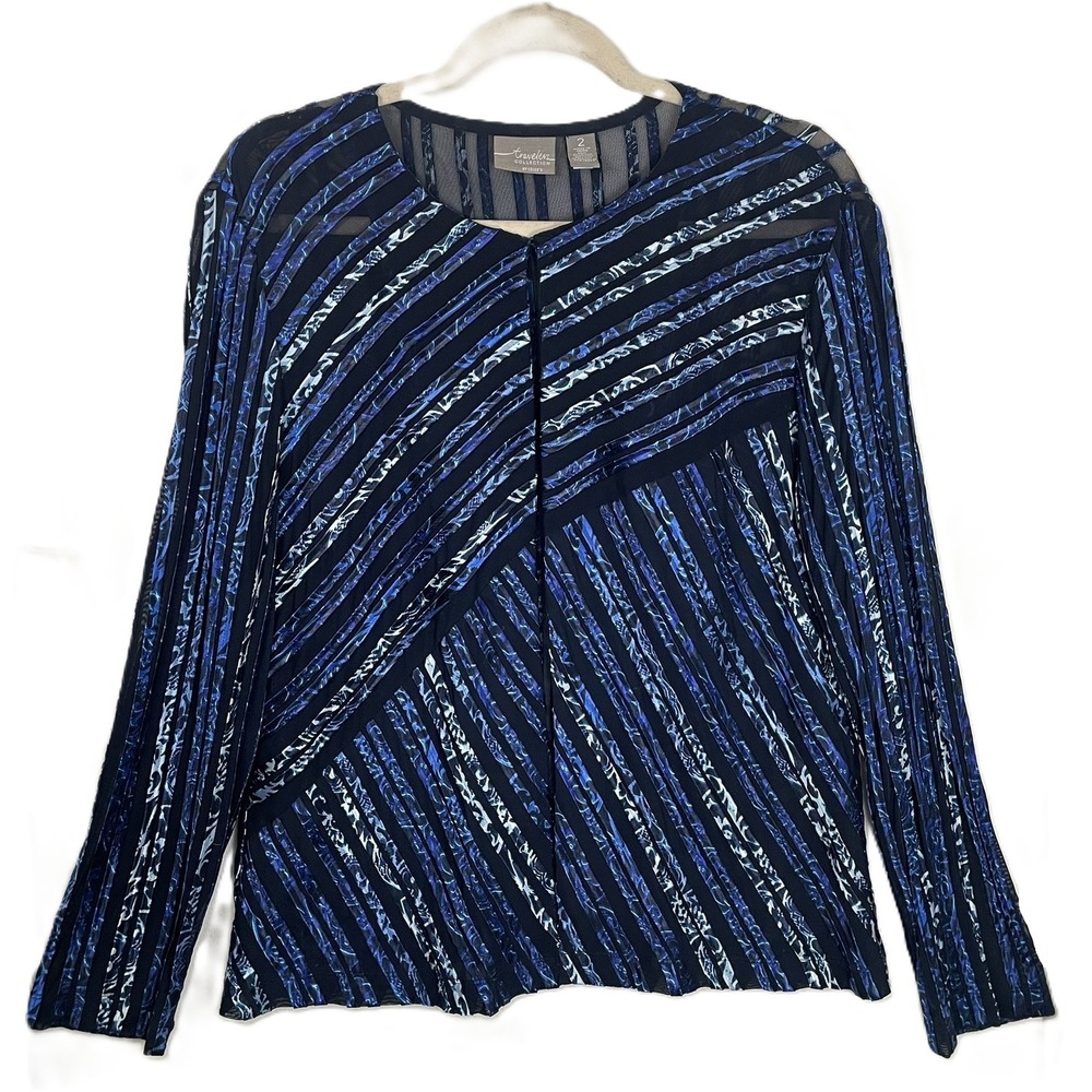 Chicos Travelers Collection Blue Black Striped Sheer Mesh Open Jacket Size Large